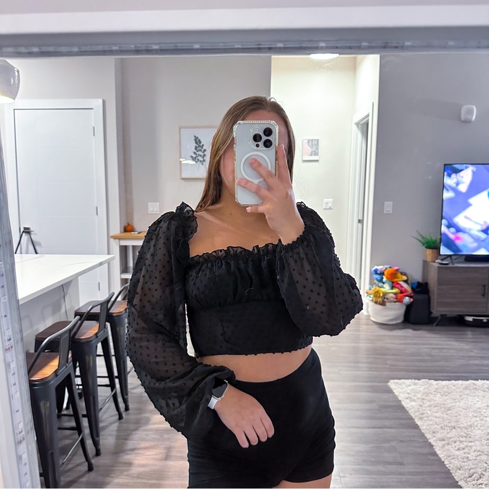 Lettuce Dot Trim Puff Sleeve Milkmaid Black Crop Top Long Sleeve Top